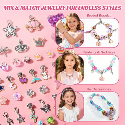 JeeMoien Charm Bracelet Making Kit for Girls 5 6 7 8-12, Friendship Bracelet Kit DIY Craft Jewelry Making Kit Birthday Gift Toy for 6 7 8 9 10 11 Year Old with Portable Jewelry Box, Pink