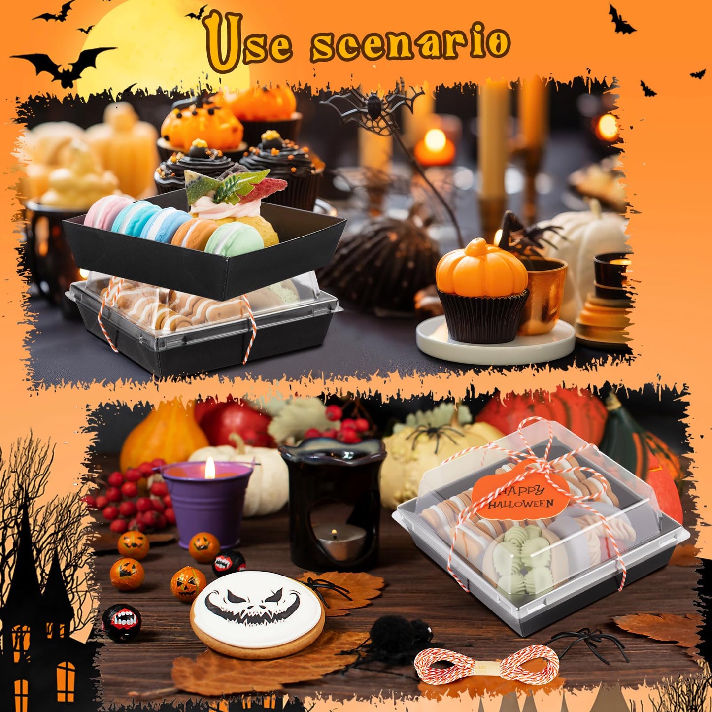 Yaomiao 50 Pcs Halloween Pumpkin Charcuterie Boxes with Clear Lid Rope Card 5.3 Inch Square Disposable Paper Food Containers Bakery Dessert Treat Boxes for Cake Cookie Sandwich Halloween Party Favor