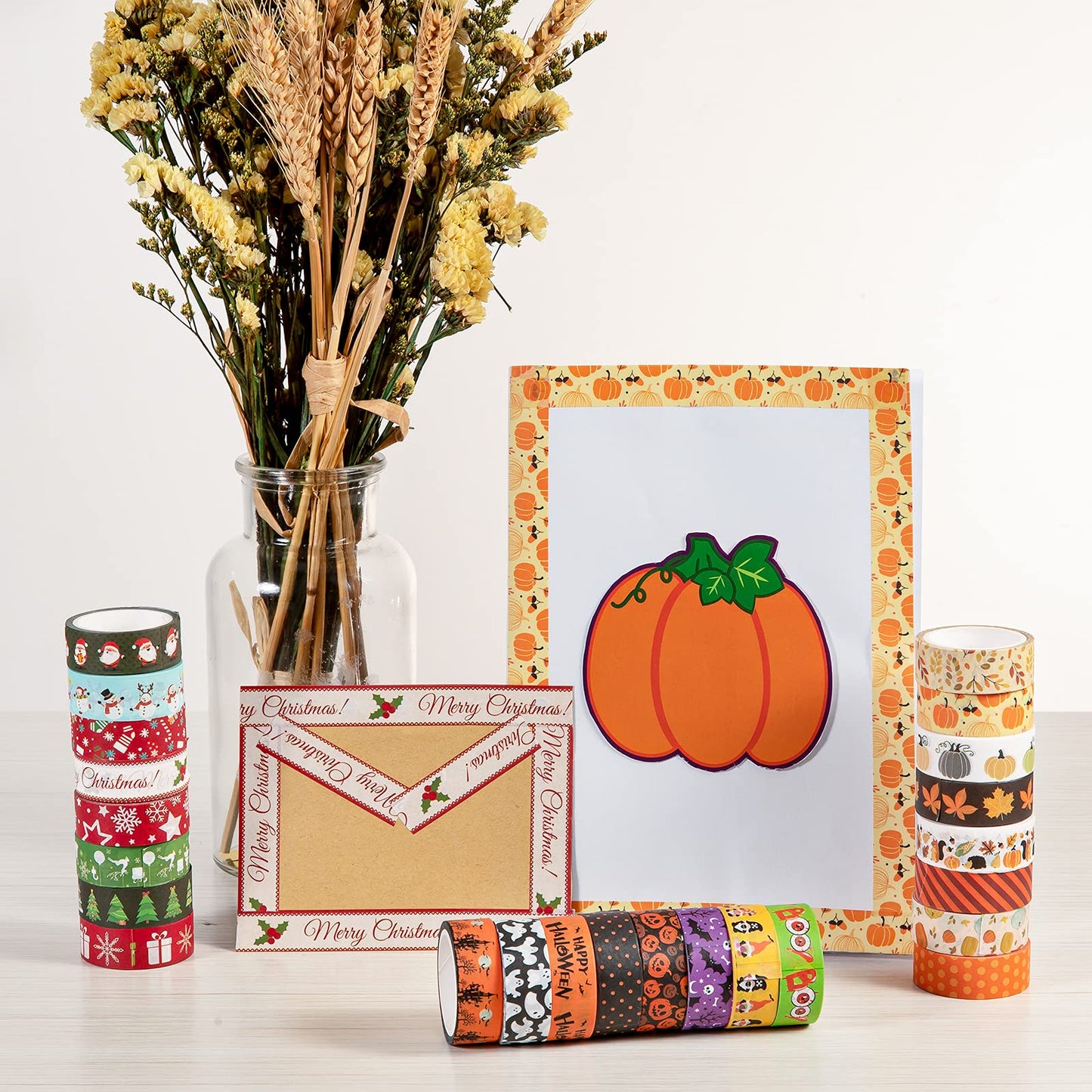 Whaline 24 Rolls Fall Halloween Christmas Washi Tape 3 Holidays Masking Tape Leaves Pumpkin Ghost Snowflake Santa Decorative Tapes for Thanksgiving Autumn Winter Xmas Scrapbook Journal DIY Art Craft