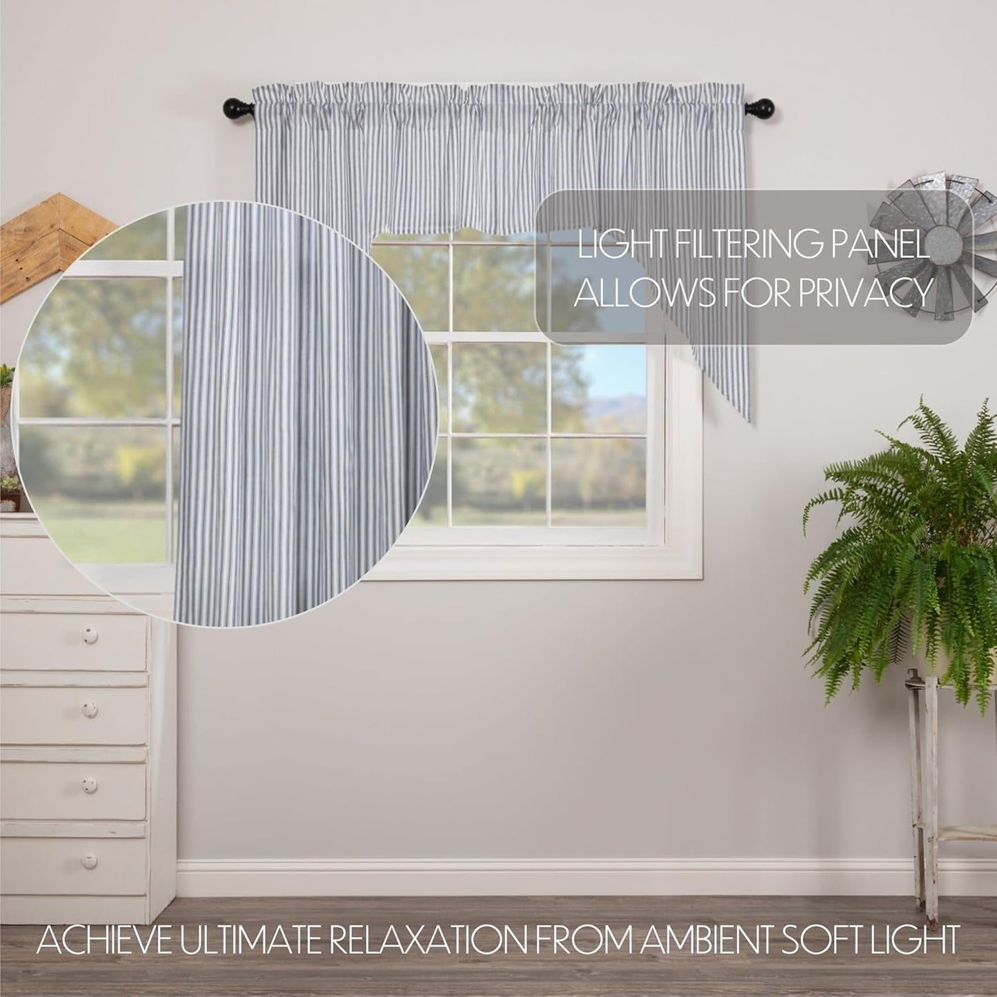 VHC Sawyer Mill Blue 2 Piece Swag Set Kitchen Curtains for Bathroom Living Room Bedroom Window Ticking Striped