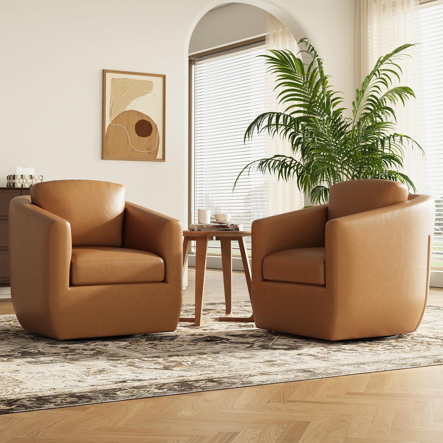 MALOL 360° Swivel Accent Chair Set of 2 with Pillow - Comfy Living Room Armchair No-Sag Foam & Sturdy Metal Base, Fully Assembled Swivel Accent Single Sofa for Bedroom Living Room, Office, Brown