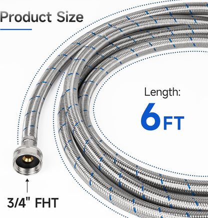 JUWO 6 FT Washing Machine Hoses, 3/4" FHT Stainless Steel Washer Hoses for Short to Moderate-Distance Water Supply, Red
