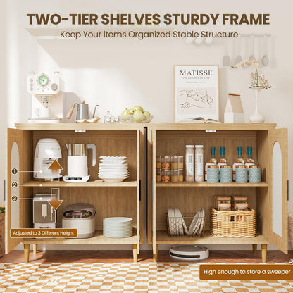 Garvee Rattan Buffet Cabinet with Storage, Sideboard Cabinet with 2 Doors and Adjustable Shelves, Boho Wood Cupboard for Kitchen, Livingroom, Dining Room, Entryway (Natural, 2 PCS)