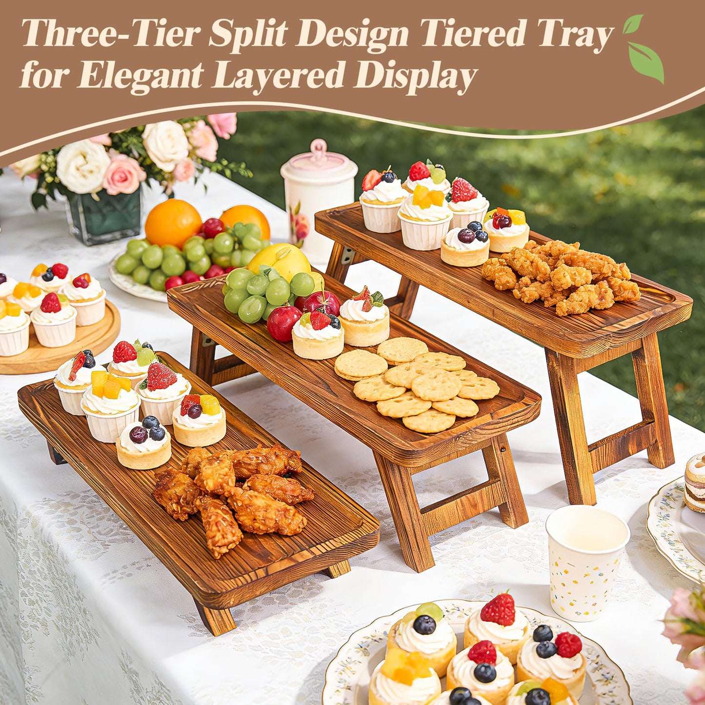 Wisreach 3 Tier Wooden Serving Tray Stand, Foldable Tiered Dessert Display Set for Party, Wedding, Birthday, Christmas, Rustic Charcuterie Boards Table Decor