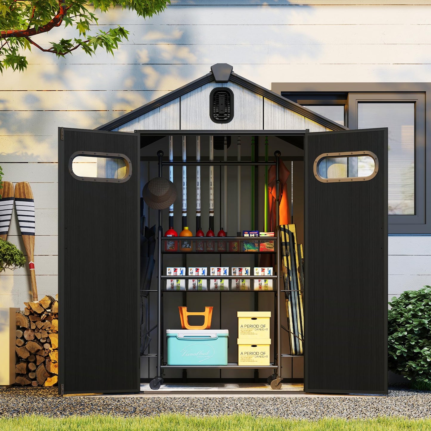 Domi 6x4Ft Resin Outdoor Storage Shed, Small Plastic Garden Shed with Carpet, Outside Weatherproof Storage Building for Tools, Bike, Lawn Mower, Patio, Backyard