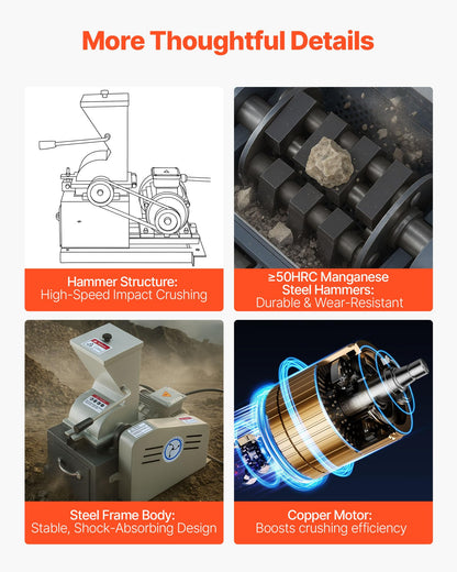 VEVOR Hammer Crusher, 2.5KW 220V Electric Rock Stone Shatter Grinder, Glass Crushing Machine with 100 to 200 kg/h Crushing Capacity, Coal Crusher Milling Machine with 0.12/0.24/0.4 inch Sieve Screens