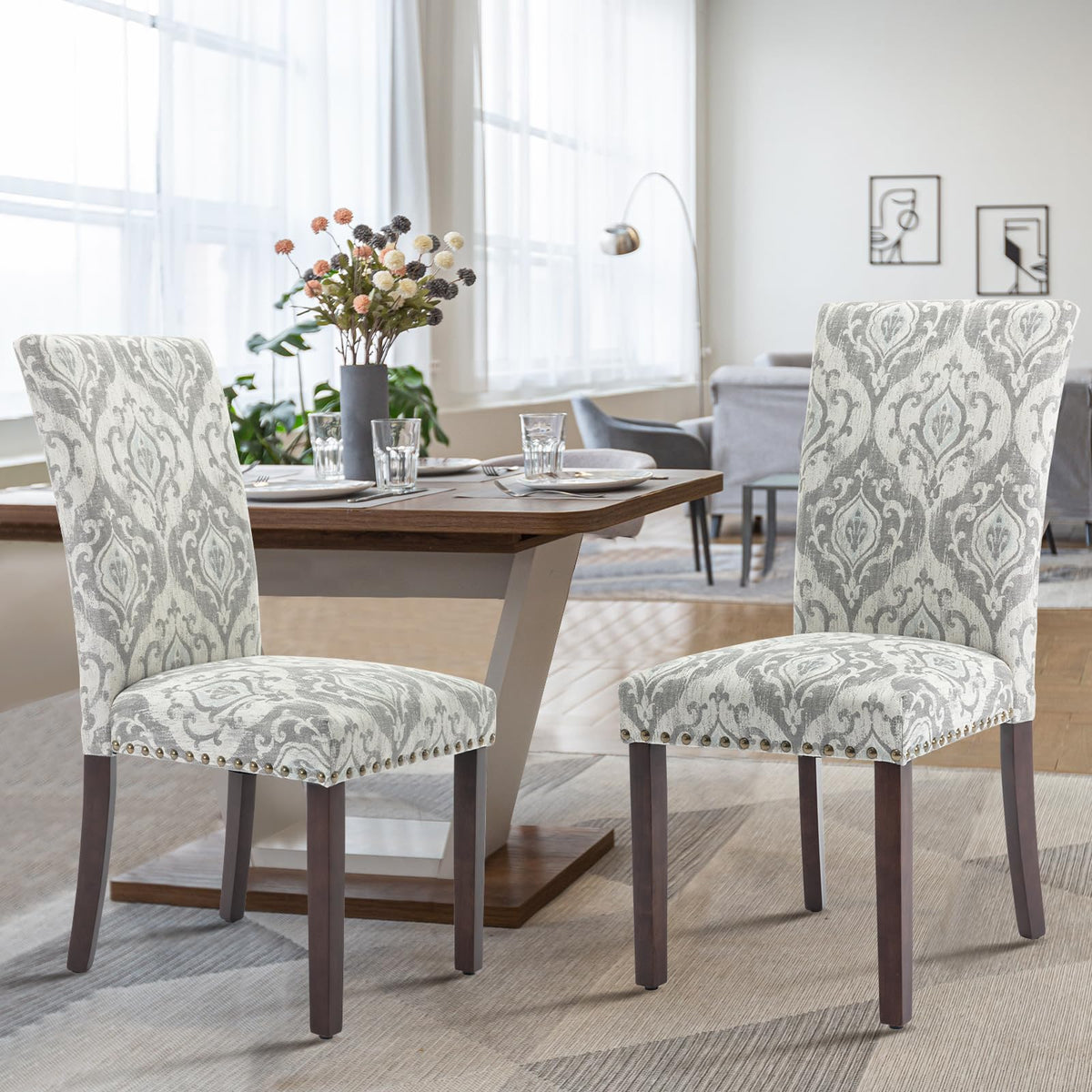 COLAMY Upholstered Parsons Dining Chairs Set of 6, Fabric Dining Room Kitchen Side Chair with Nailhead Trim and Wood Legs - Grey/White Flower