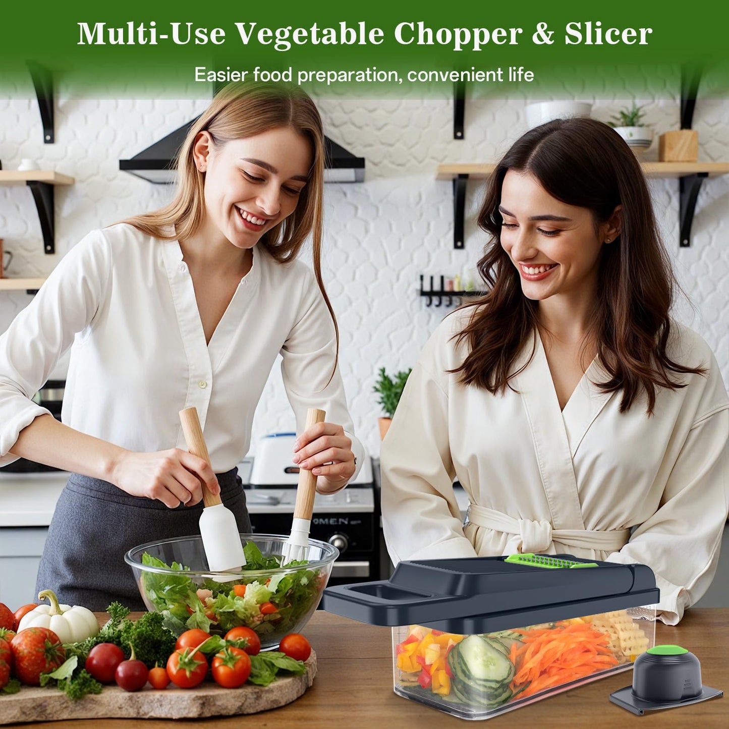 HomeHacks Vegetable Chopper Vegetable Cutter, 12 in 1 Kitchen Gadget, Dicer, Slicer, Onion Cutter, Salad, Cheese Grater & Egg Separator - Multi-Functional Veggie Chopper Lid with Handle (Green)