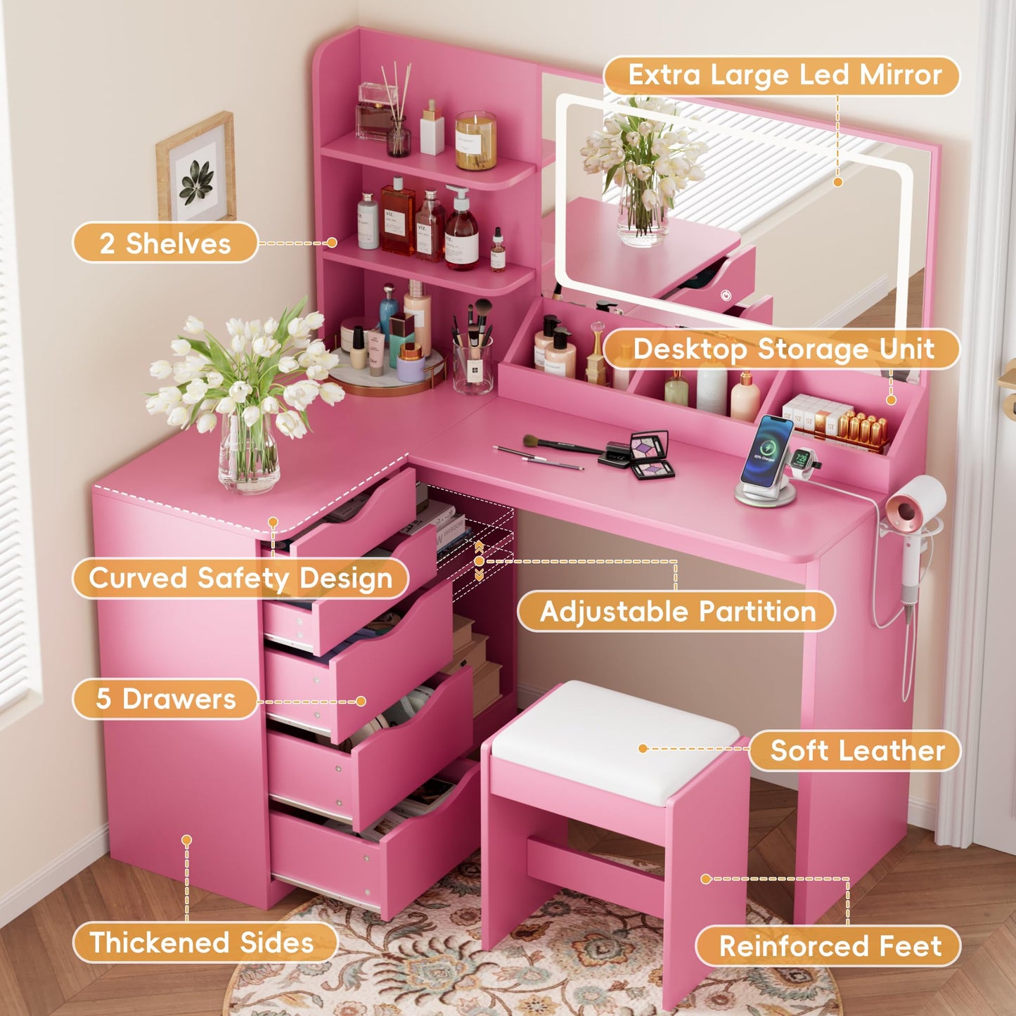 YESHOMY Vanity Desk with Lights and Mirror, L Shaped Makeup Table, Dresser with Hairdryer Holder and Power Outlet, Adjustable 3 Lighting Modes, 5 Drawers and Adjustabled Open Storage Shelves, Pink