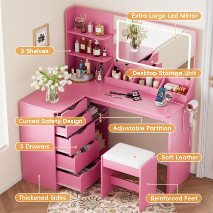 YESHOMY Vanity Desk with Lights and Mirror, L Shaped Makeup Table, Dresser with Hairdryer Holder and Power Outlet, Adjustable 3 Lighting Modes, 5 Drawers and Adjustabled Open Storage Shelves, Pink
