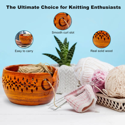 Nagina International Rosewood Crafted Wooden Yarn Storage Bowl With Carved Holes & Drills | Knitting Crochet Accessories (Medium)