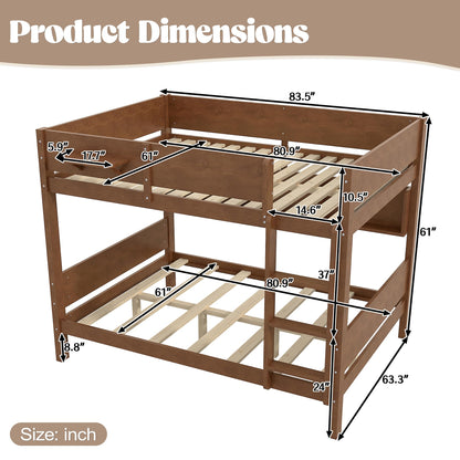 KEIKI Queen Over Queen Size Wooden Bunk Bed Frame with Convenient Tray & Built-in Storage Shelves, Detachable Bunk Bed with Solid Slats, No Box Spring Required, Easy Assembly, for Bedroom, Brown