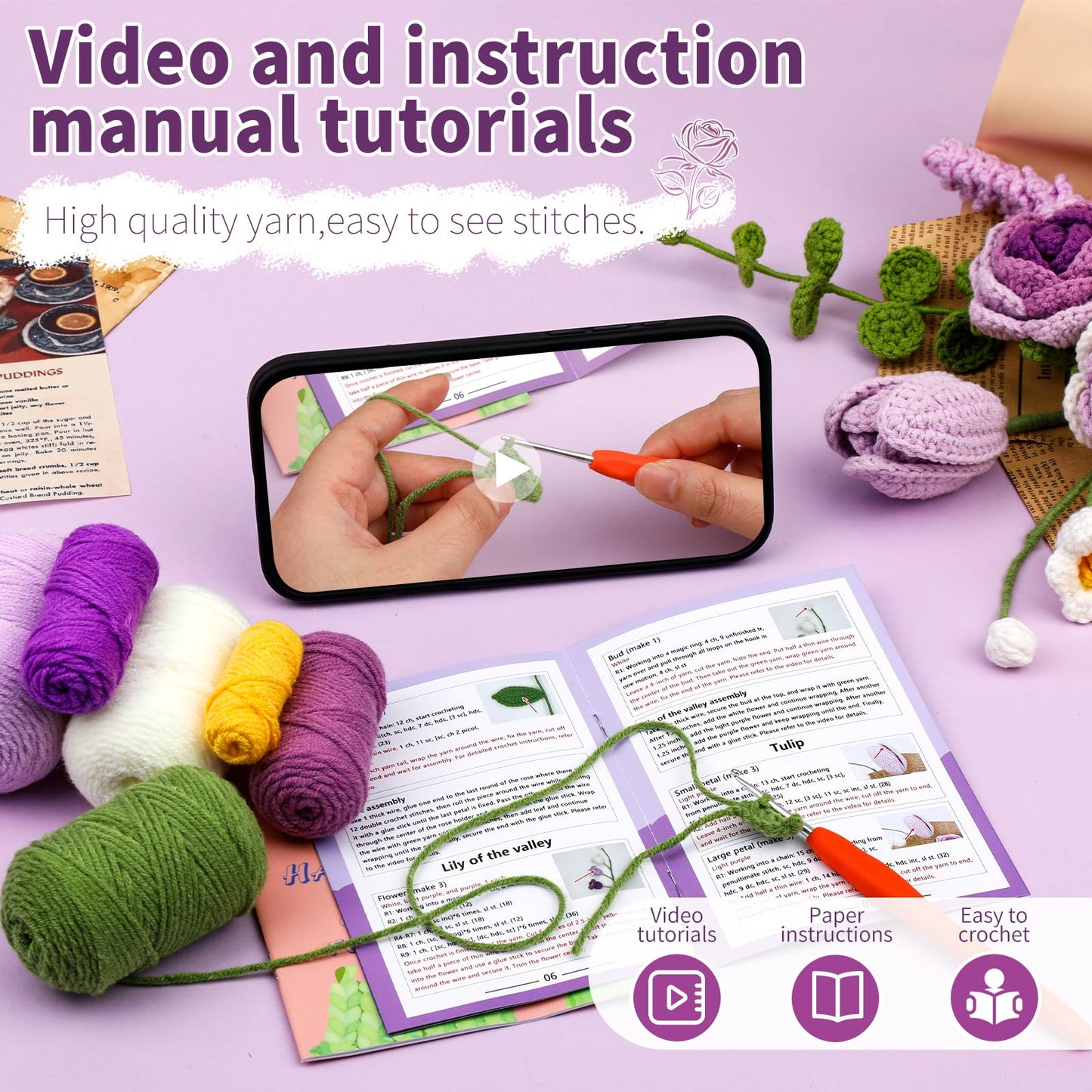 Kogyxe Crochet Kit for Beginners, Purple Rose Crochet Flowers for Adults with Step-by-Step Video Tutorials, DIY Crochet Bouquet Kits Knitting Supplies Include Floral Wire, Newspaper