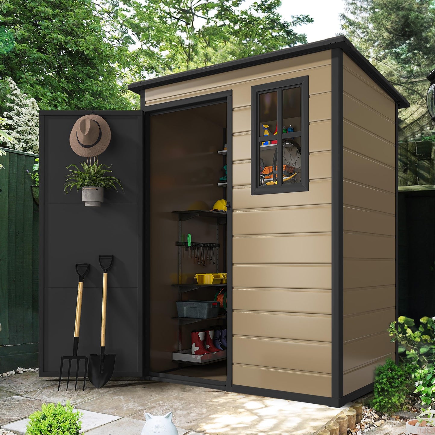DWVO 5x3 FT Outdoor Storage Shed with Floor, All-Weather Resin Storage Shed with Lockable Door & Window, Waterproof Plastic Tool Storage for Garden, Backyard, Patio, Lawn, Brown
