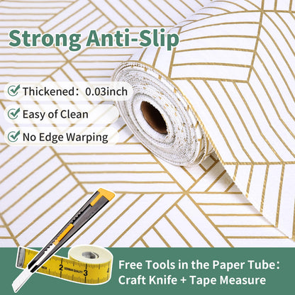 Shelf Liners for Kitchen Cabinets 17in x 30FT, Non Adhesive Cabinet Liner Strong Non-Slip Golden Leaf Drawer Liner, Easy to Clean for Shelf, Cabinet with Knife and Tape Measure