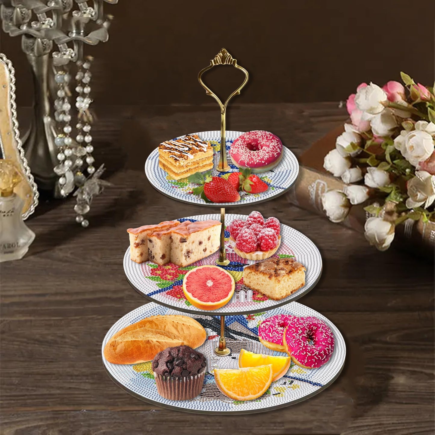 Three-Tier Diamond Painting Wooden Cake Stand DIY Sunflower Diamond Painting Cupcake Towel-Lined Tiered Tray Reusable Pastry Stand (Little Bird)