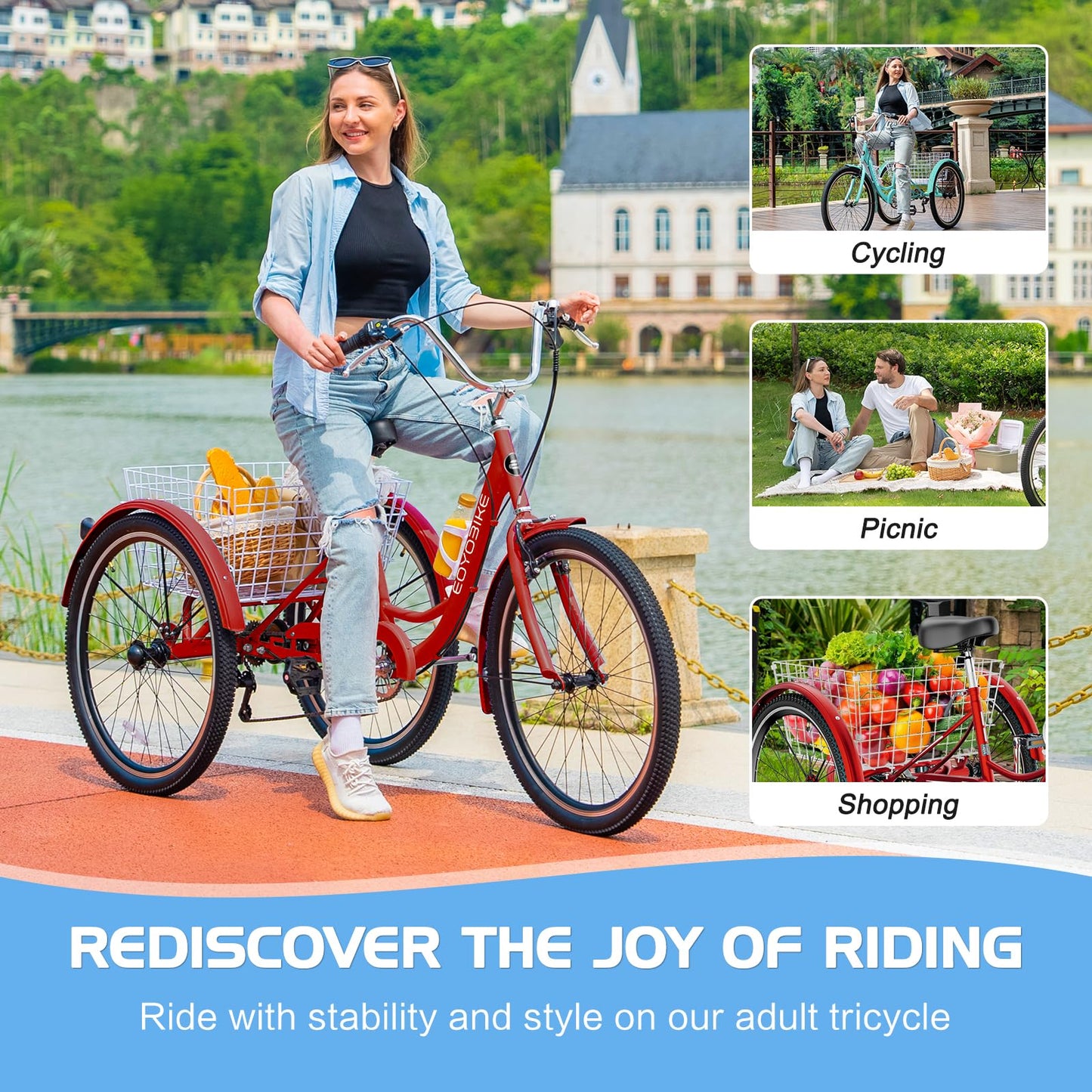 EOYOBIKE Adult Tricycle 3-Wheel Cruiser Bike, Low Step-Through, Heavy-Duty Comfort Trike with Adjustable Handlebar & Spring Saddle, Large Rear Basket, for Seniors & Adults (Merlot Velvet, 20" Tire)