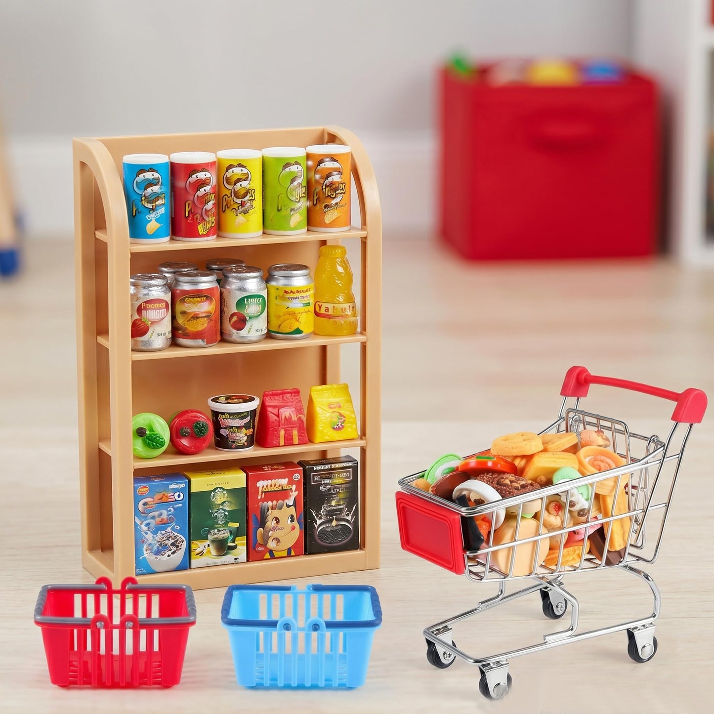 112pcs Miniature Dollhouse Grocery Set Shopping Cart Basket Food Drink Bottle Supermarket Metal Handcart Toys Doll House Store Cosplay Game Dollhouse Grocery Party Trolley Model Dollar Bills