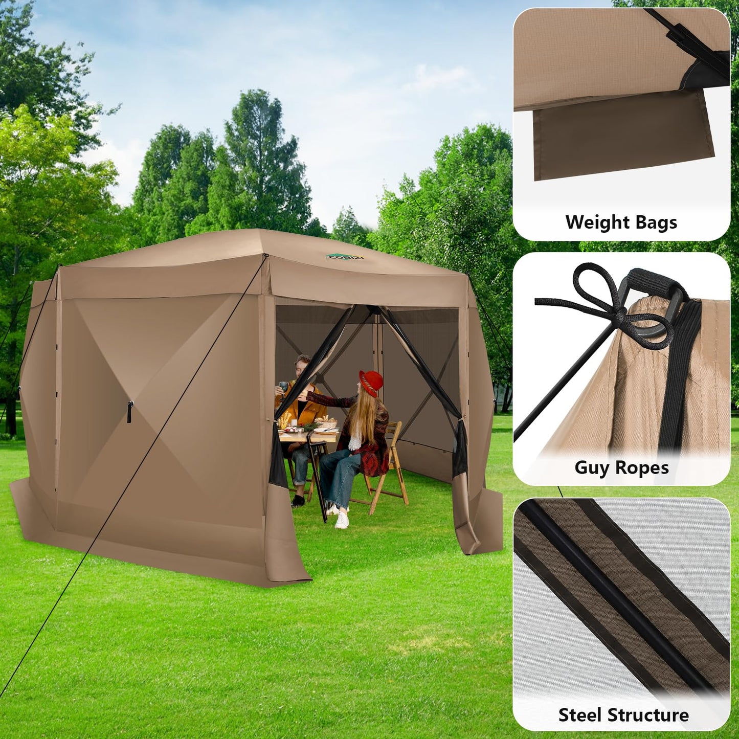 COBIZI 15x15FT Pop Up Gazebo Screen Tent Screen House for Camping, Screen Room with Mosquito Netting, Hub Tent Instant Screened Canopy with Carrying Bag and Ground Stakes, Khaki
