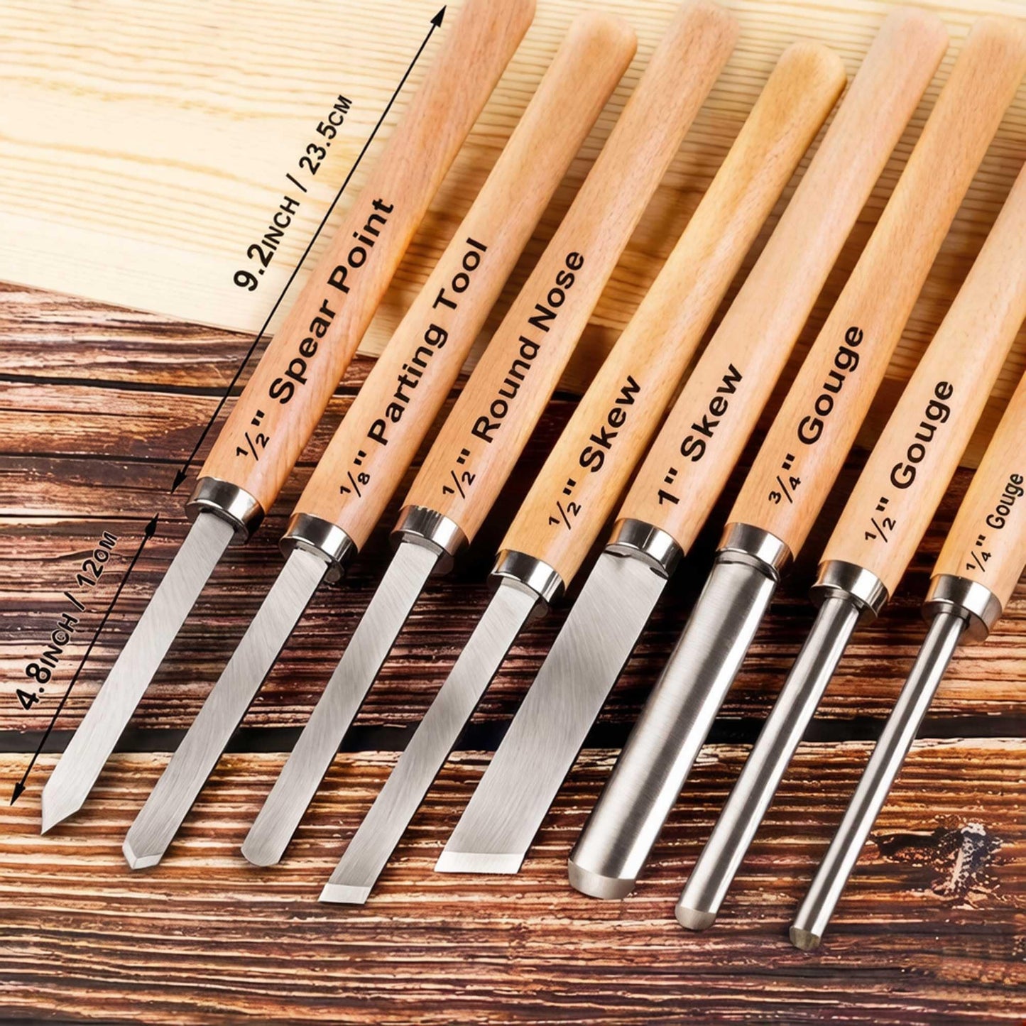 Hanpex 8 Piece Heavy Duty Wood Turning Chisel Set, Lathe Chisel Cutting Tools, (3) Gouge (1) Round Nose (1) Spear Point (2) Skew and (1) Parting Tools for Beginner to Professional