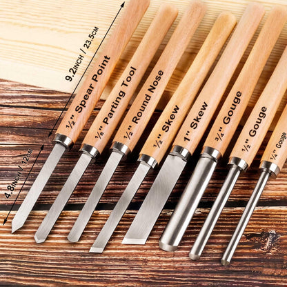 Hanpex 8 Piece Heavy Duty Wood Turning Chisel Set, Lathe Chisel Cutting Tools, (3) Gouge (1) Round Nose (1) Spear Point (2) Skew and (1) Parting Tools for Beginner to Professional