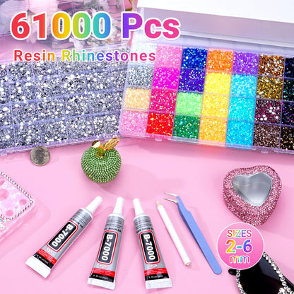 61000Pcs Jelly Rhinestones for Bedazzling, 2 Boxes Multicolor 3mm & Silver Clear 2/3/4/5/6mm Resin Flatback Gems for Crafting, Bedazzler Kit with 3Pcs 15ml B7000 Jewelry Glue for Crafts Clothes Book