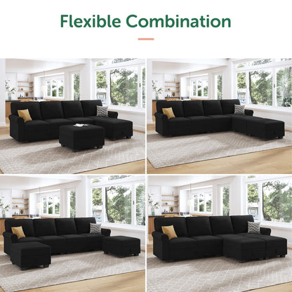 HONBAY Sectional Sofa with Storage Seat Velvet U Shaped Couch with Reversible Chaise Convertible Sectional Couches for Living Room,Black Velvet