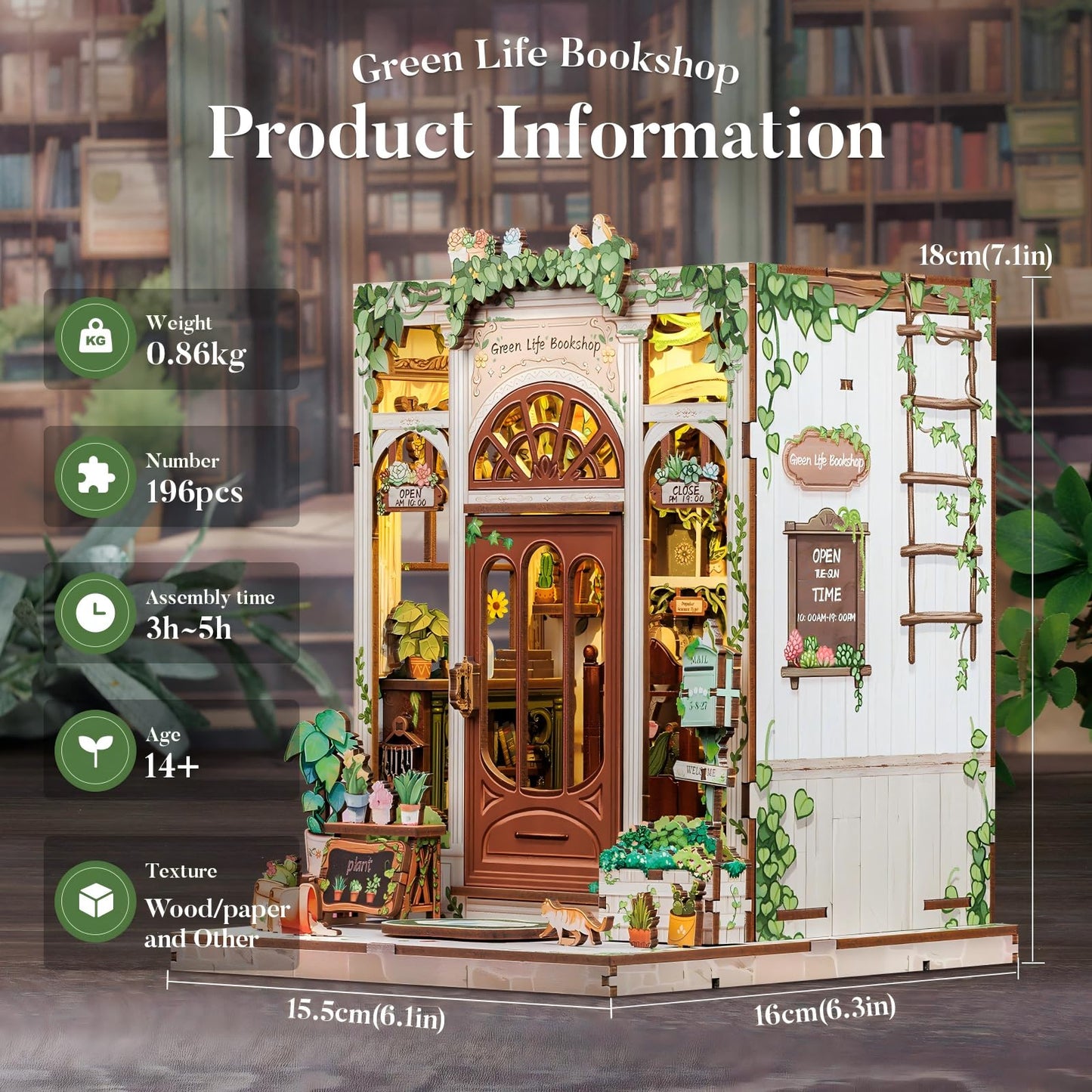 Fsolis Book Nook Kit, 3D Wooden Puzzles for Adults DIY Miniature House Mini Building Kit Booknook Bookstore Bookshelf Diorama Garden Kit Gift for Women Puzzle Lovers (Green Life's Bookshop)