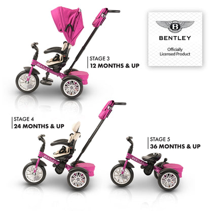 Bentley 6-in-1 Baby Stroller & Toddler Tricycle – Officially Licensed Luxury Kids Bike, Convertible Travel Strollers & Kid Trike with Air Wheels, Canopy & Safety Features (6m-5y+ | Fuschia Pink)