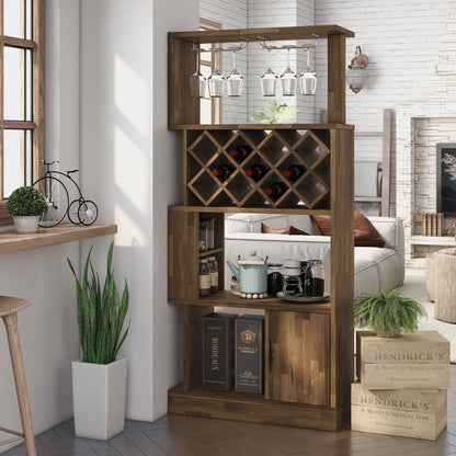 24/7 Shop at Home Arlo Transitional Multi-Storage Wood Wine Cabinet with Stemware Racks for Kitchen Dining Room, Bar, 69", Light Hickory Brown