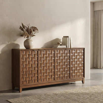COLAMY 60" Sideboard Buffet Cabinet with Storage, Modern 3D Checkerboard Credenza with 4 Doors & Solid Wood Legs, Large Kitchen Coffee Bar Console Table for Dining Room, Living Room,Walnut Black