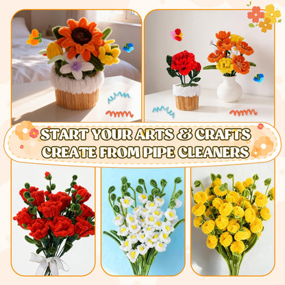 800PCS Pipe Cleaners Flower Kit, Pipe Cleaner Bulk Craft Flower Making Kit with Instruction, 8 Colors Thick Chenille Stems for Arts DIY Craft Supplies with Greeting Card, Floral Wires, Tape, Stamen
