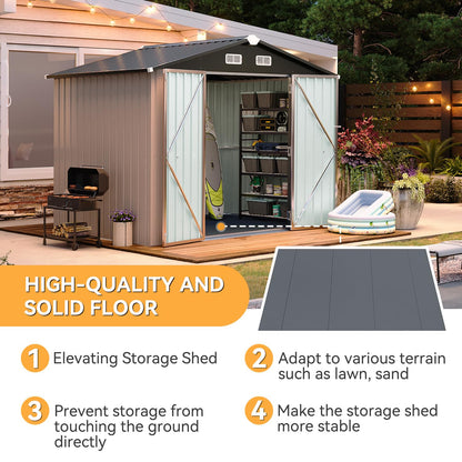 Aoxun 8x6FT Shed with Floor Galvanized Steel Outdoor Storage Shed Metal Garden Shed with Double Doors, Moisture-Proof Floor & Ventilation, Sloped Roof for Bike/Generator/Tool Storage (Brown)