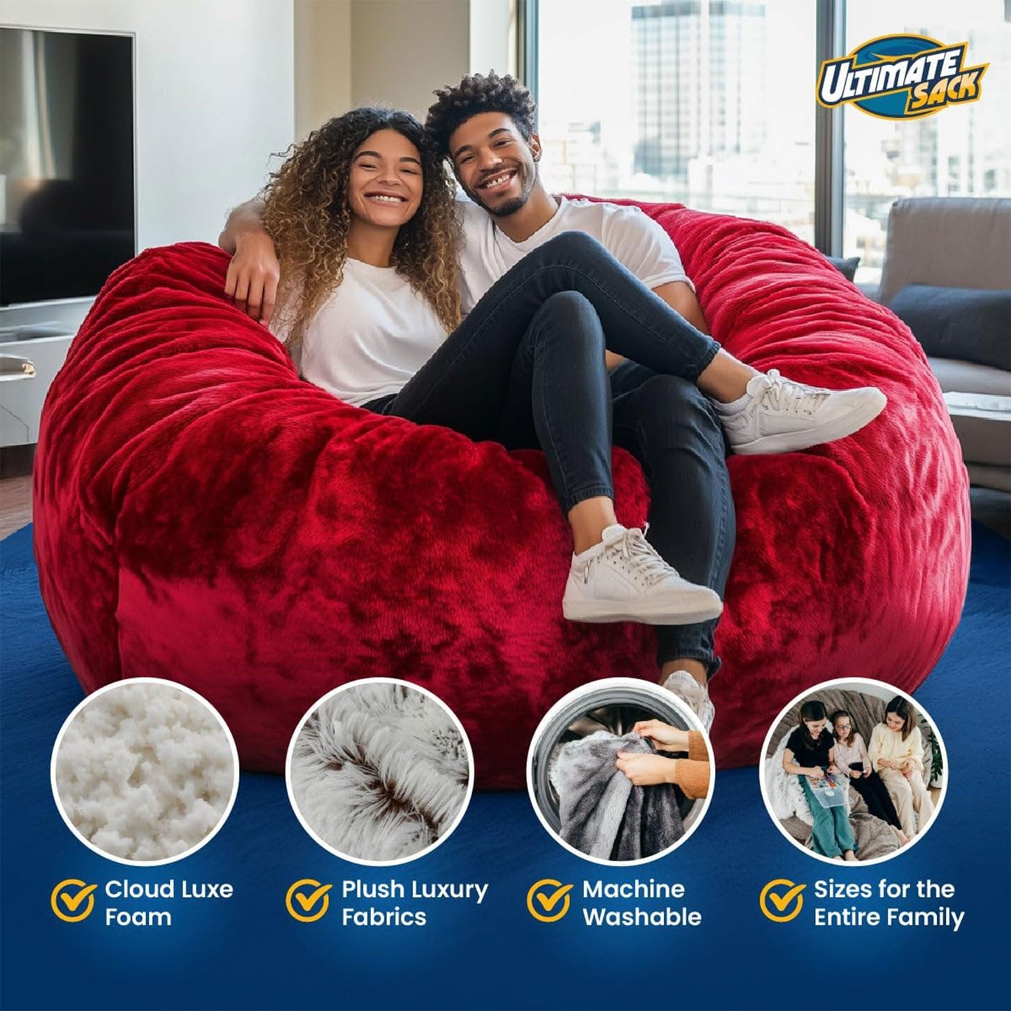 ULTIMATE SACK 5000 5-Foot Bean Bag Chair with Footstool, Charcoal Fur Cover – Oversized Foam Lounger, Floor Seat, Small Sofa, or Couch Bed for Living Area, Gaming Room, or Reading Lounge
