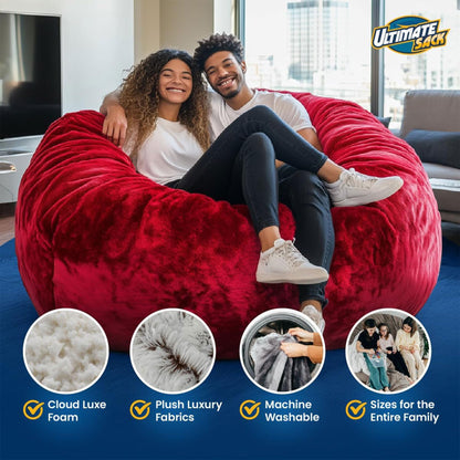 ULTIMATE SACK 5000 5-Foot Bean Bag Chair with Footstool, Charcoal Fur Cover – Oversized Foam Lounger, Floor Seat, Small Sofa, or Couch Bed for Living Area, Gaming Room, or Reading Lounge