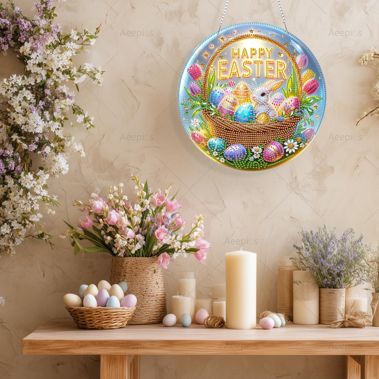 Aeepics Easter Diamond Art Hanging Kits for Adult, DIY Round Diamonds Painting Pendant Ornament Kit, Acrylic Diamond Art Board Painting (Happy Easter)