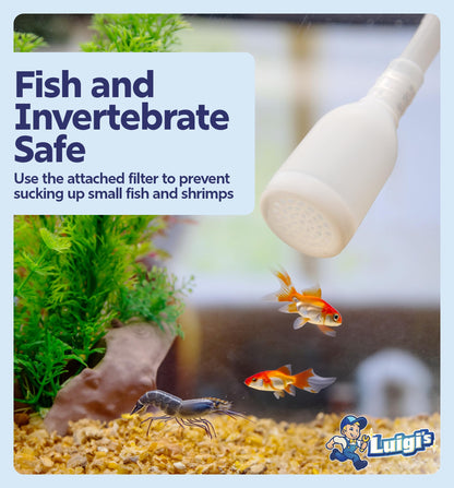 Luigi's Fish Tank Cleaner - Turtle Tank Accessories - Gravel Vacuum for Aquarium - Hand Siphon Hose to Remove and Change Water or Sand in Minutes - Aquarium Cleaning Tools