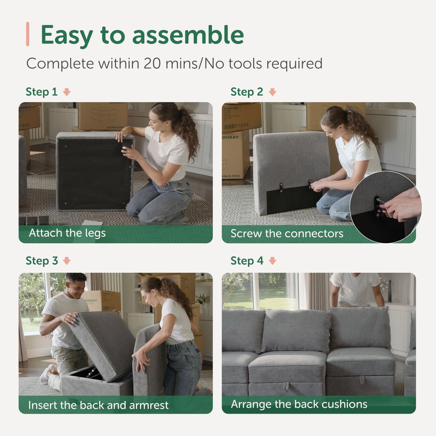 HONBAY Modular Sectional Sofa with Storage Modular Sleeper Sectional Sofa Oversized Sectional Couch for Living Room, Grey