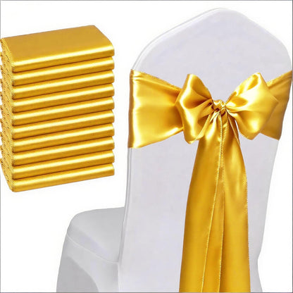 Skiennix Wedding Satin Chair Sashes - Elegant Gold Bows for Events | 7x108 Inch, Pack of 50