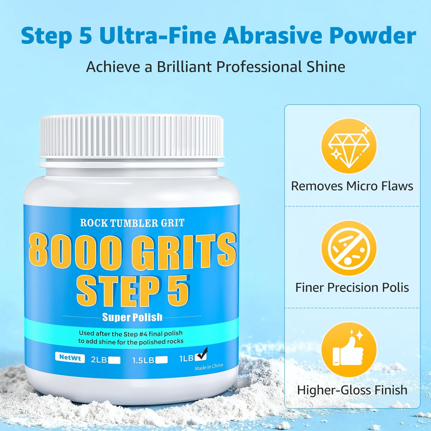 8000 Grit Aluminum Oxide Rock Tumbler Polish – Final Stage (Step 5), High Gloss Polishing Powder for Rocks, Gems, Glass & Jewelry Making, Polish Refill, 1 lb