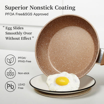 Healthy Nonstick Granite Cookware Set - 3 Pcs, Induction Skillets With Lids, PFOA Free, No Toxic Egg Omelette Frying Pan
