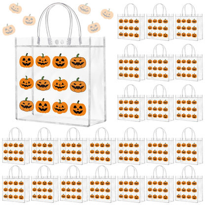 Kosiz 24 Pcs Halloween Clear Gift Bags Pumpkin Goodie Bag Halloween Party Favors PVC Treat Bags Bulk with Handle for Candy, Autumn Thanksgiving Party Supplies