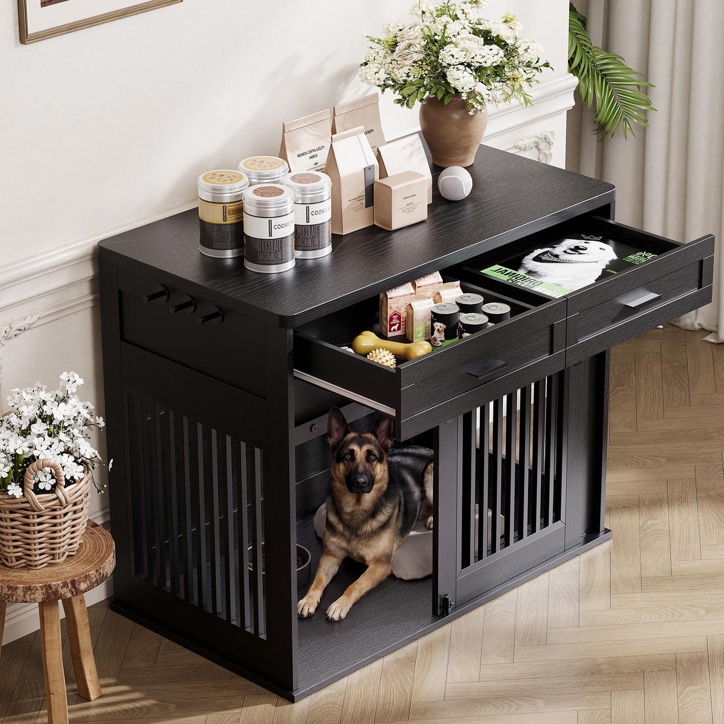 44.5''Large Dog Crate Furniture with 2 Storage Drawers,Heavy Duty Dog Kennel Indoor with Hook,Dog Kennel End Table TV Stand, Farmhouse Style Dog Crates with Sliding Barn for Medium/Large Dogs,Black
