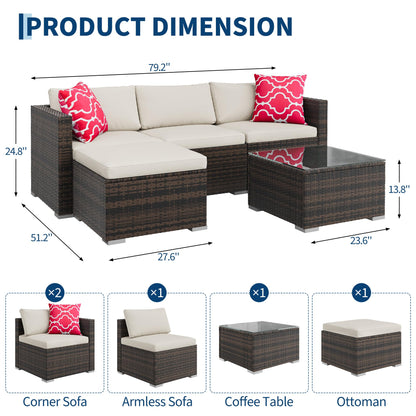 MilleLoom 5-Piece Outdoor Sectional Sofa Set, All-Weather PE Rattan Patio Furniture with Ottoman & Tempered Glass Table, Convertible Garden Couch for Backyard, Porch, Poolside (Brown/Beige)
