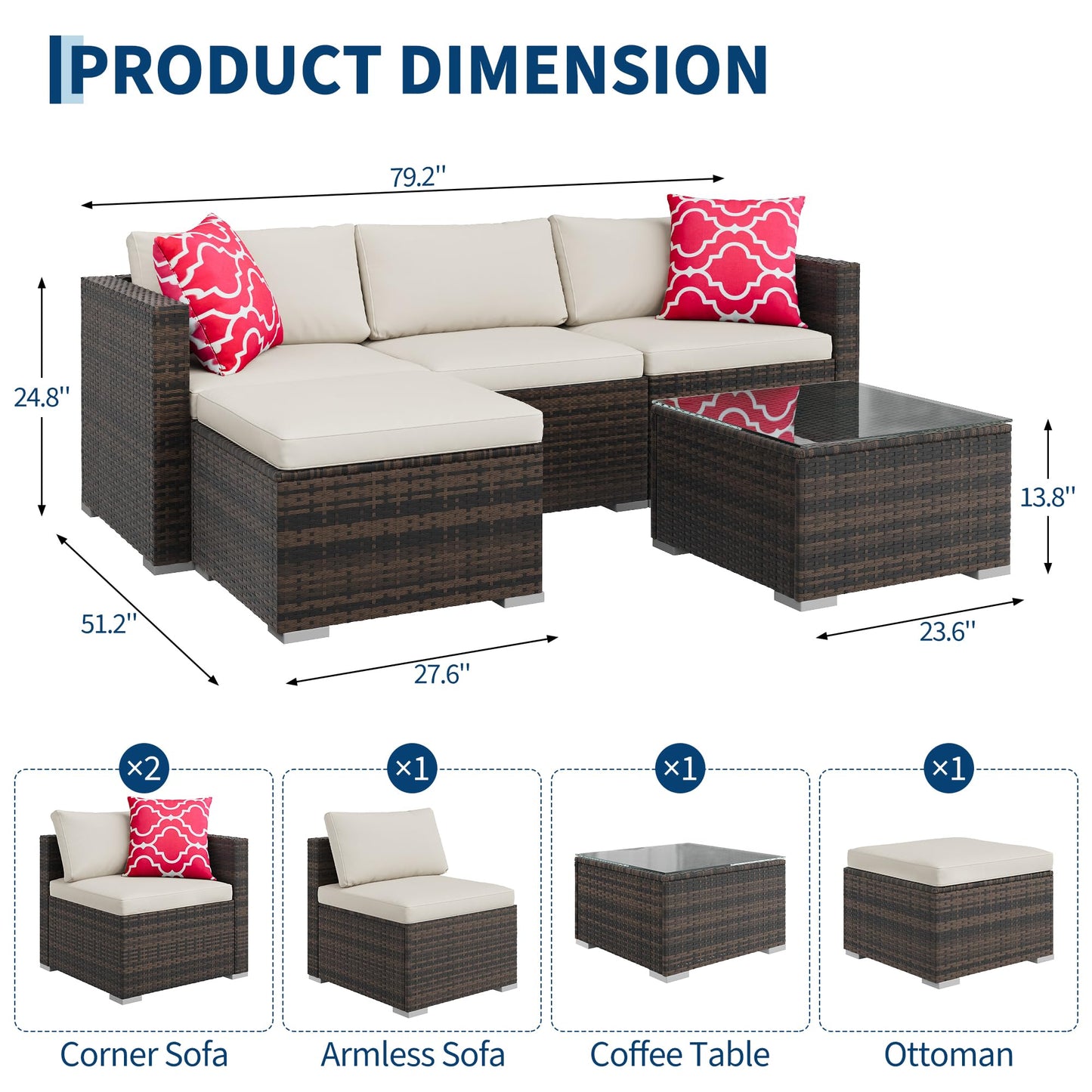 GAOMON 5-Piece All-Weather Patio Furniture Set, Convertible Outdoor Sectional Sofa with Ottoman & Tempered Glass Table, PE Rattan Conversation Set for Garden, Backyard, Porch, Poolside