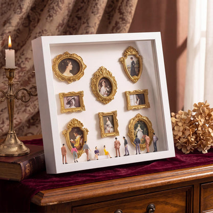 Lineshading DIY Mini Silhouette Shadow Box Museum Frame Kit with 8 Gold Mini Frames and 9 Figurines, Personalized Memory Collage for Anniversary Wedding Birthday Home Decor(White)