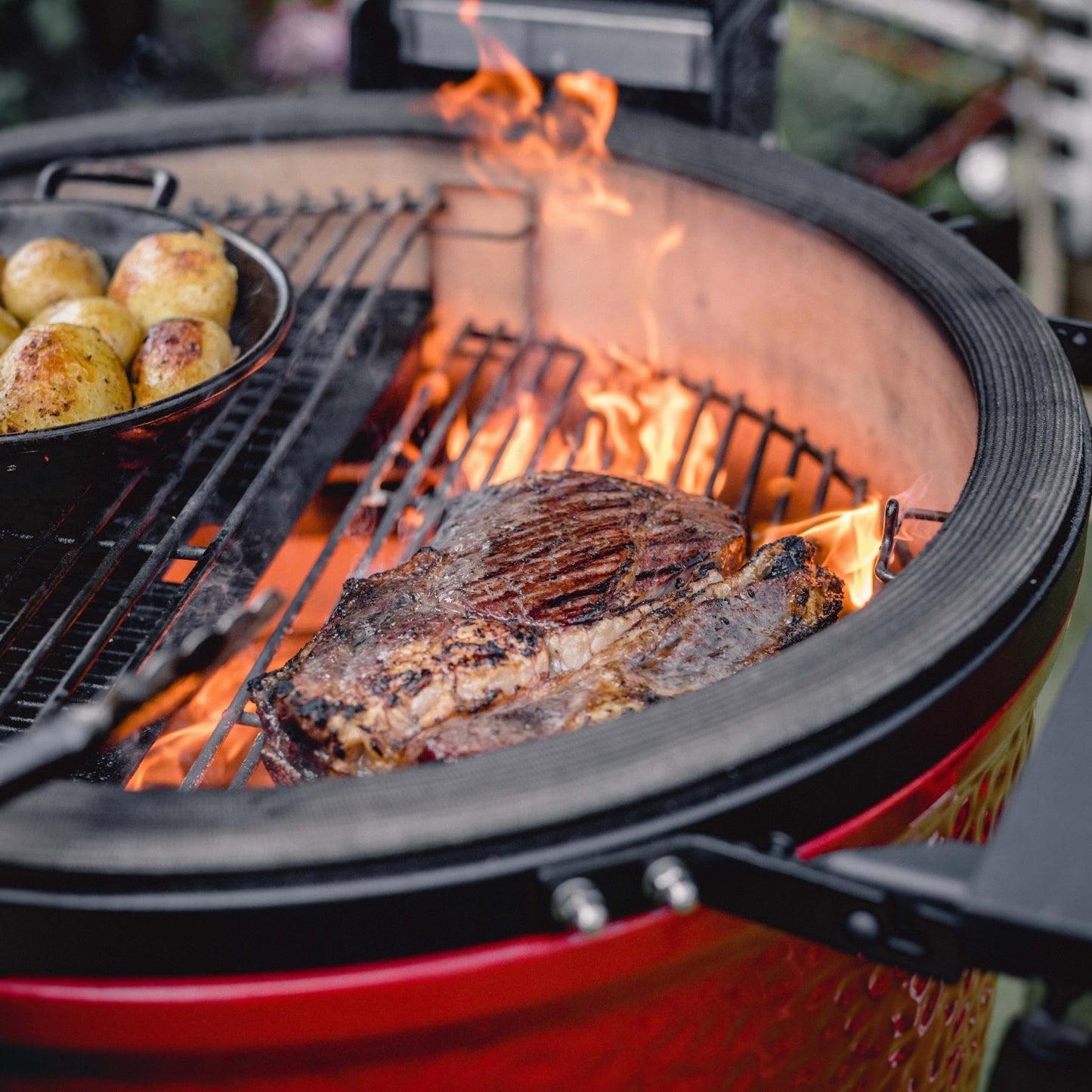 Kamado Joe Classic Joe Series II 18-inch Ceramic Charcoal Grill and Smoker with Cart, Side Shelves, Stainless Steel Grates and 250 Cooking Square Inches in Red, Model KJ-23RHC