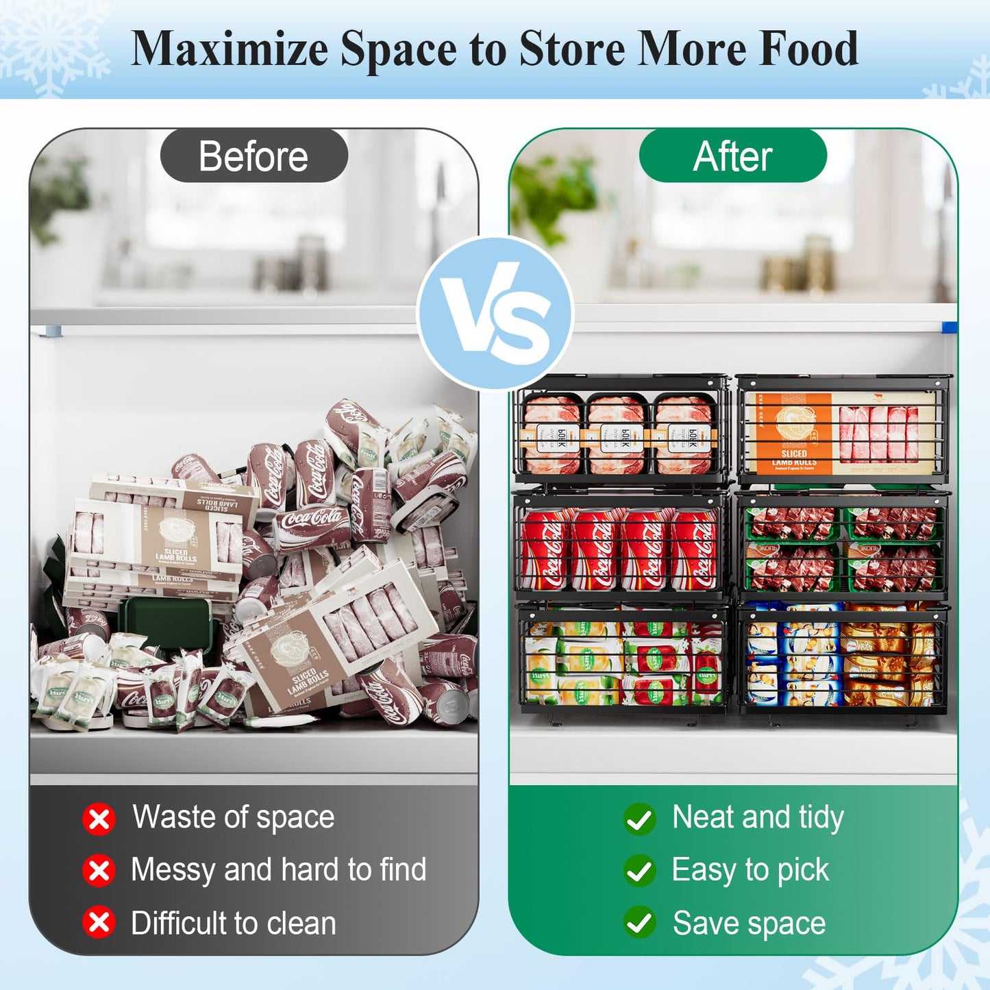 OdoVow Freezer Organizer Bins, 2 Packs Large Expandable Stackable Chest Freezer Containers with Handle, Metal Adjustable Storage Baskets for Fridge, Deep Freezer, Cabinet, Kitchen, Pantry - Black