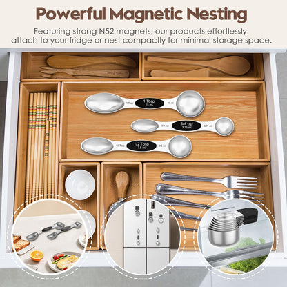Magnetic Measuring Cups and Spoons Set - 304 Stainless Steel | Dual-sided Design | Set of 15 with Leveler | Strong N52 Magnetic Nesting Design | for Dry & Liquid Ingredients (Black)