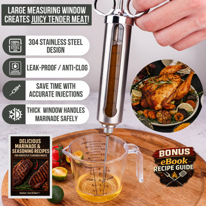 Professional Meat Injector Marinade Syringe Kit for Smoking & Grilling Turkey, Brisket & BBQ - Large 2 Oz Visible Stainless Steel Capacity - Never Leaks or Clogs + Safe Grill Cleaner & Flavor Brush